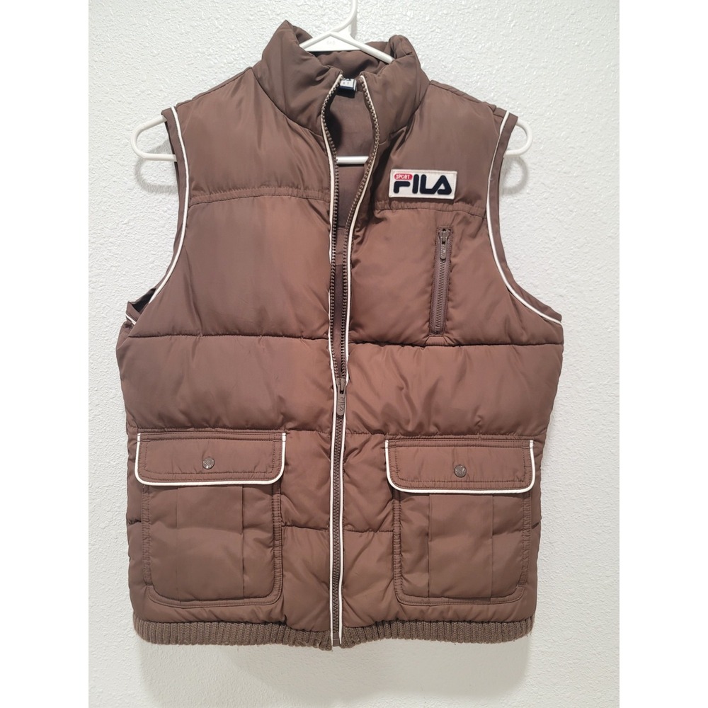 Vintage Fila Sport Vest Small Brown white trim zipper front zipper pockets